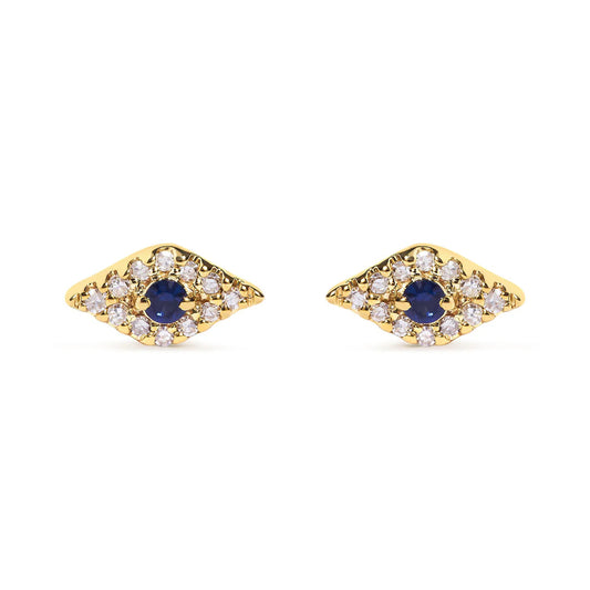 10K Yellow Gold Blue Sapphire and Diamond Accent Evil Eye Stud Earring (H-I Color, I1-I2 Clarity)