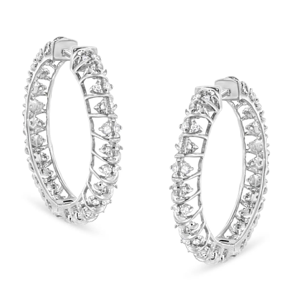 .925 Sterling Silver 1/2 Cttw Diamond Wire Cage Style Hoop Earring (I-J Color, I2-I3 Clarity)