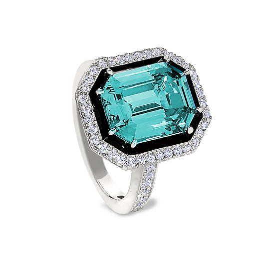 Black and Aqua Spinel Octagon Ring