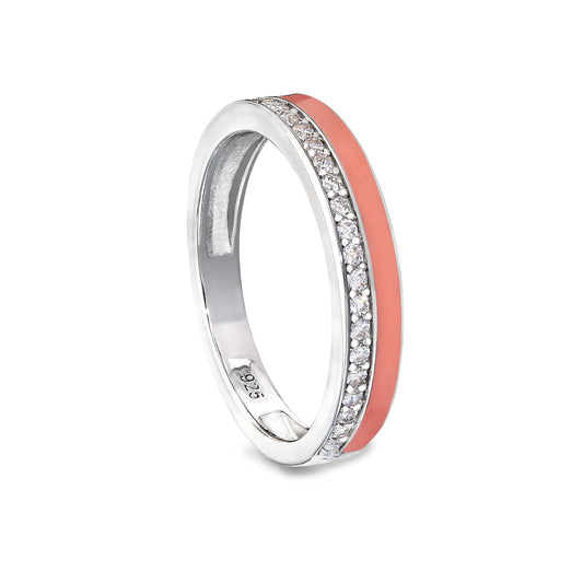 Micropave Platinum Finish SS Ring with Coral