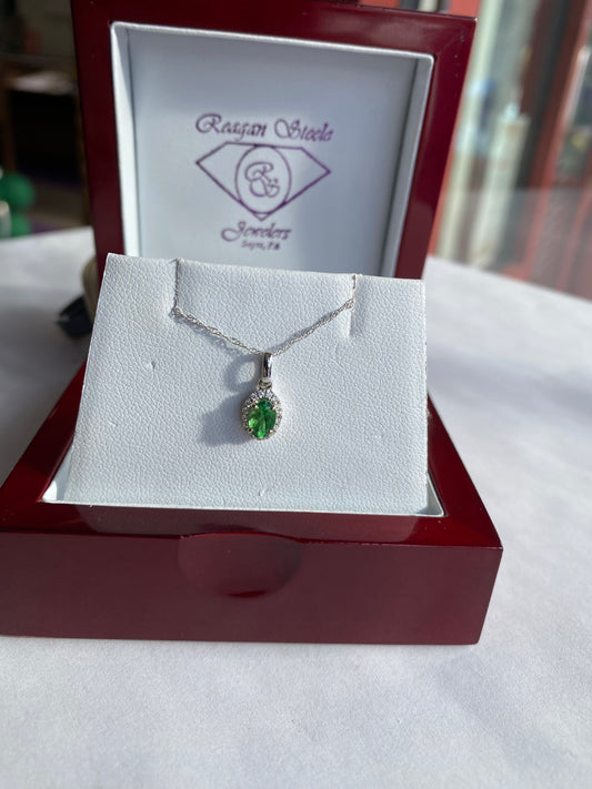 14K White Gold Oval Tsavorite Pendant Necklace