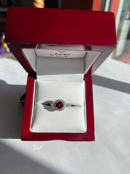 14K White Gold Red Spinel Ring w/ Diamonds